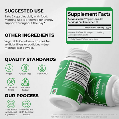 Rosabella Moringa Capsules – 800mg Pure Moringa Powder Supplement – 60 Capsules for Natural Energy, Immune System, Skin & Gut Health Support, Green Antioxidant Superfood, Essential Vitamins & Amino Acids